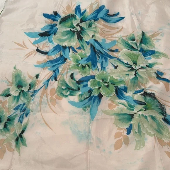 Vintage Floral Silk Scarf with Blue and Green Design - Picture 2 of 6